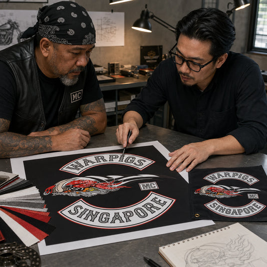 A designer and motorcycle club representative review an authorized logo proof for a custom flag.