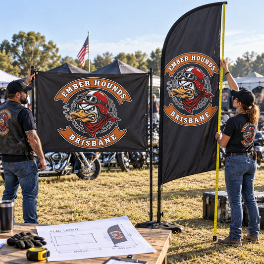 An event crew compares horizontal and vertical custom club flag layouts during rally setup.