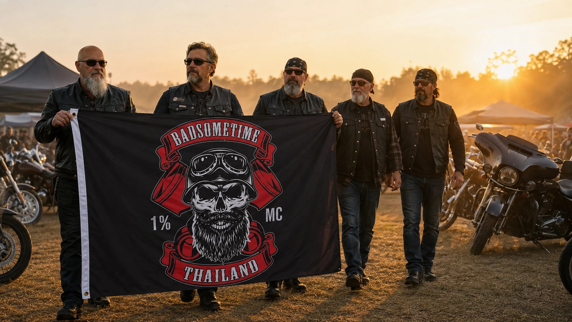 Mature motorcycle club riders arrive at a sunrise rally carrying a custom club-logo flag beside American V-twin cruisers.