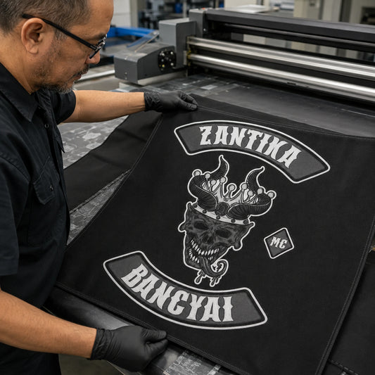 A print technician inspects clear club artwork and durable fabric during custom rally flag production.