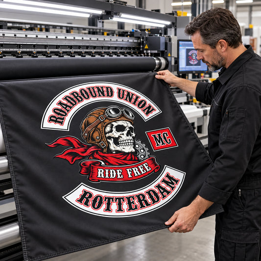 A textile print technician inspects crisp club artwork on durable custom rally flag fabric.