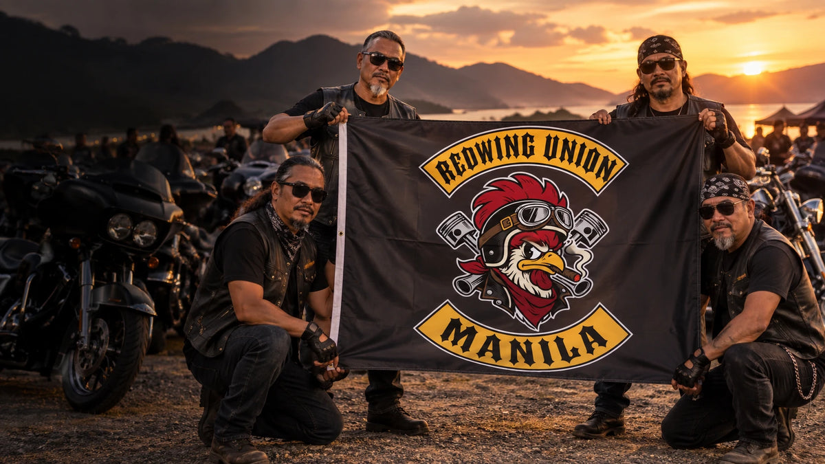 Motorcycle club members use a custom rectangular flag for custom motorcycle club rectangular flags made for your chapter identity in a realistic American V-twin setting.
