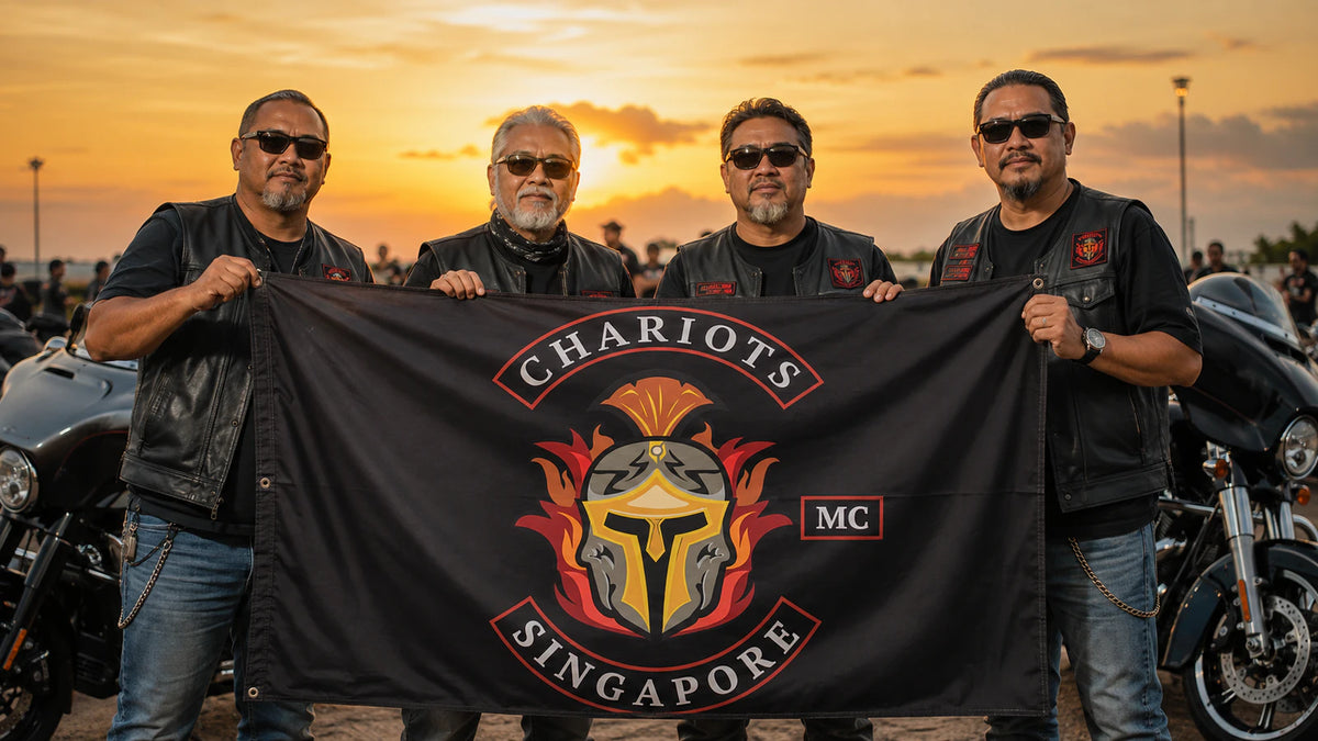 Motorcycle club members use a custom rectangular flag for custom motorcycle club rectangular flags made for your chapter identity in a realistic American V-twin setting.