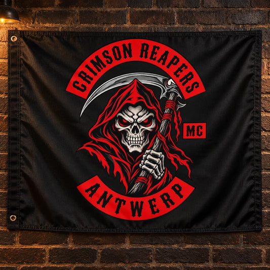 Fully displayed custom motorcycle club flag with reinforced edges and the approved club logo.