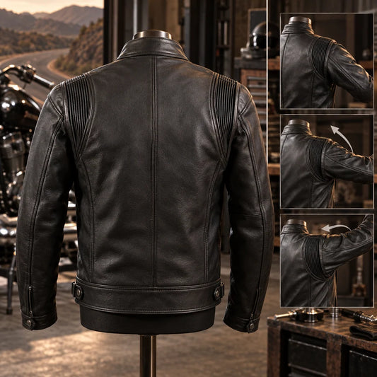 Bi-Swing / Action Back Options detail on a road-oriented motorcycle club leather jacket.
