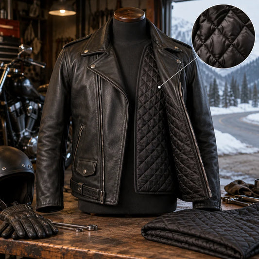 Optional Quilted Lining detail on a road-oriented motorcycle club leather jacket.
