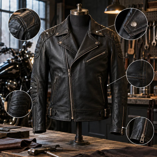 Reinforced Construction detail on a road-oriented motorcycle club leather jacket.