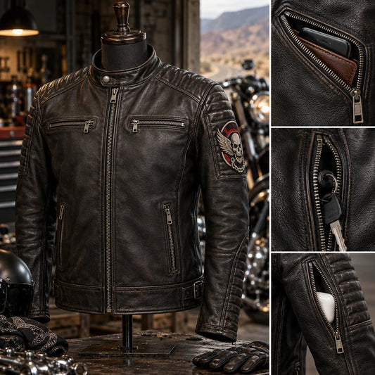 Secure Zipper Pockets detail on a road-oriented motorcycle club leather jacket.