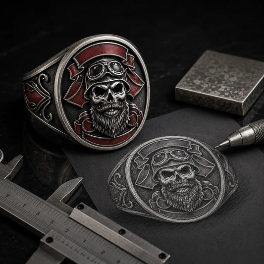 Antique silver motorcycle club ring with a bearded skull emblem displayed beside a matching pencil concept sketch, caliper and mechanical pencil.
