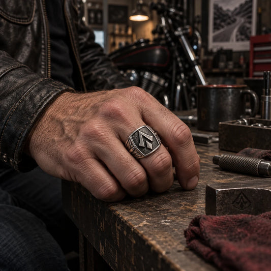 Custom motorcycle club ring shown at realistic scale on a rider’s hand beside a jeweler’s bench.