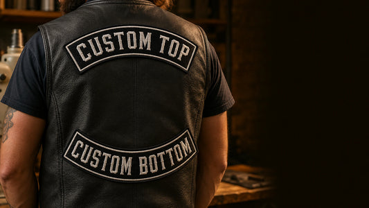 Custom motorcycle club top and bottom rocker patches on a black leather vest in a warm workshop setting.