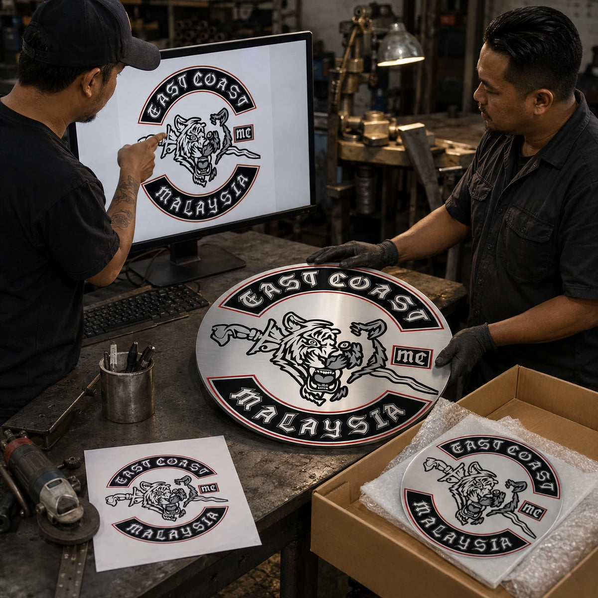 Custom motorcycle club sign design process from club logo to finished metal wall art