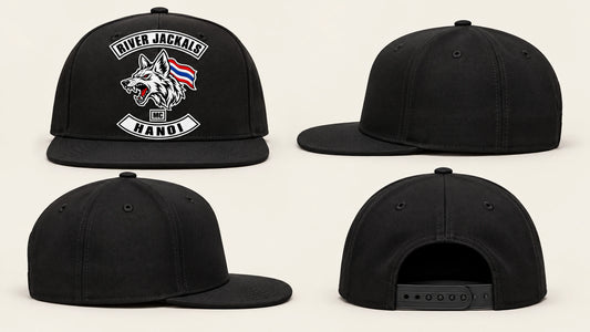Custom motorcycle club snapback hat shown from four angles with authorized logo placement.
