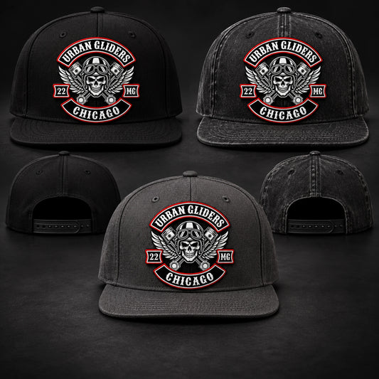 Black and charcoal motorcycle club snapback hats in coordinated color combinations.