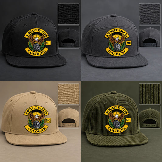 Snapback hat samples for choosing motorcycle club styles, colors and materials.