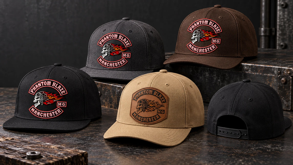 Custom motorcycle club snapback hats in black, charcoal and brown with complete solid fabric rear panels and approved club artwork.