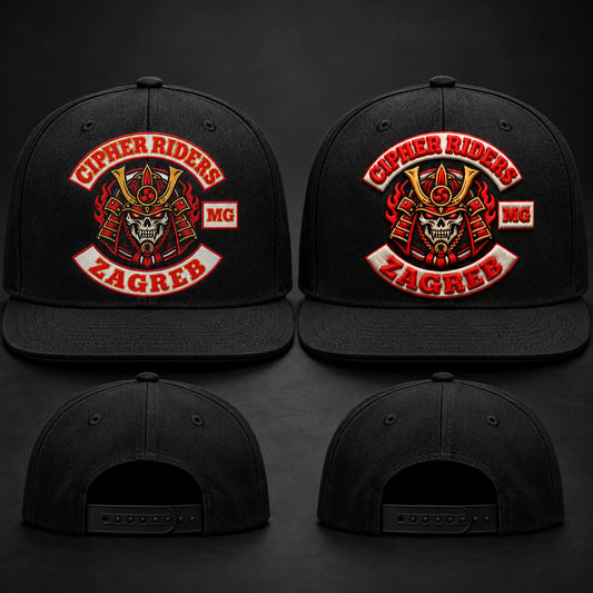 Motorcycle club snapback hats comparing flat and raised embroidery finishes.