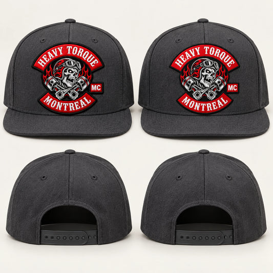 Motorcycle club snapback hats comparing embroidered and woven logo patches.