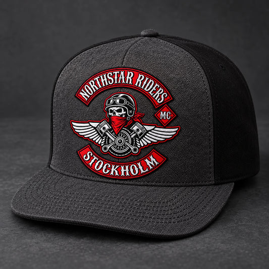 Charcoal five-panel motorcycle club snapback hat with a clean front panel and solid fabric rear panels.