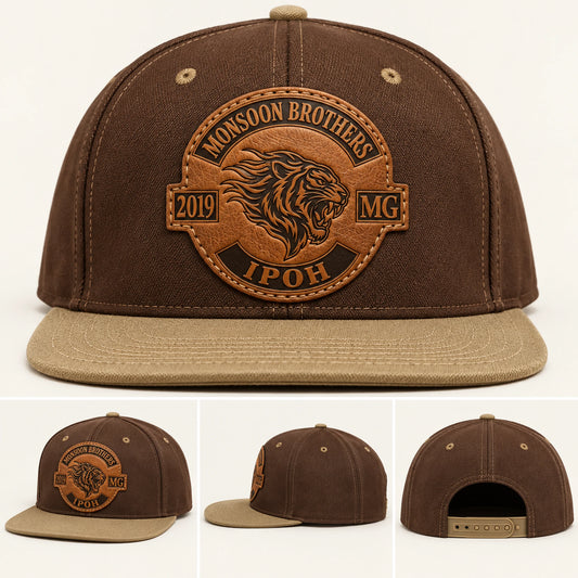 Brown and khaki motorcycle club snapback hat with an approved embossed leather patch.