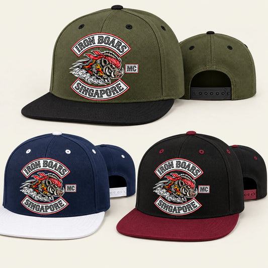 Olive, navy and black motorcycle club snapback hats with contrasting solid rear panels.