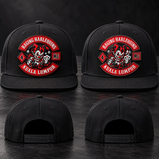 Black motorcycle club snapback hats comparing PVC and printed logo finishes.