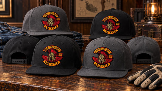 Matching motorcycle club snapback hats arranged as coordinated club merchandise.