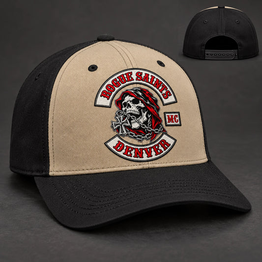 Black and tan two-tone motorcycle club snapback hat with approved club patch.