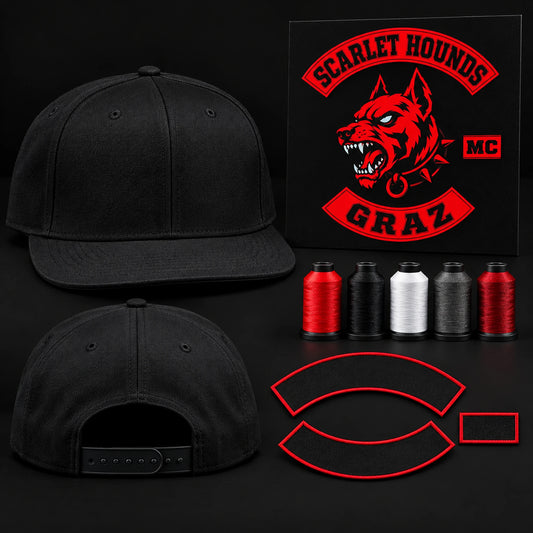Black snapback hat with authorized motorcycle club artwork and design-intake materials.