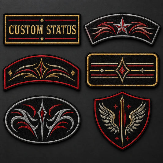Custom club-approved status wording shown as a custom motorcycle club membership patch product.