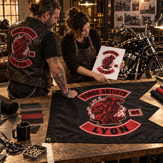 Club representative and designer comparing authorized artwork with a finished swallowtail flag for a motorcycle club.