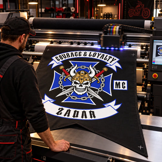 Professional textile printer producing a sharp custom swallowtail flag for a motorcycle club.