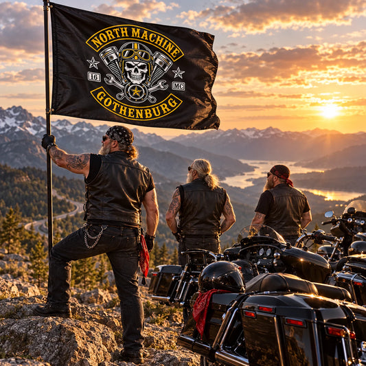 Touring riders gathered with their club swallowtail flag at a mountain overlook for a motorcycle club.