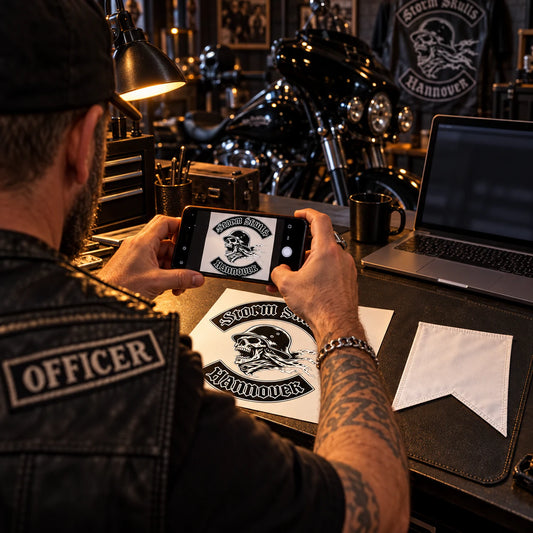 Club officer photographing an authorized logo to begin a custom flag order for a motorcycle club.