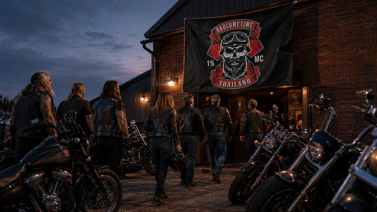 Motorcycle club riders arriving at a brick clubhouse beneath a custom swallowtail flag.