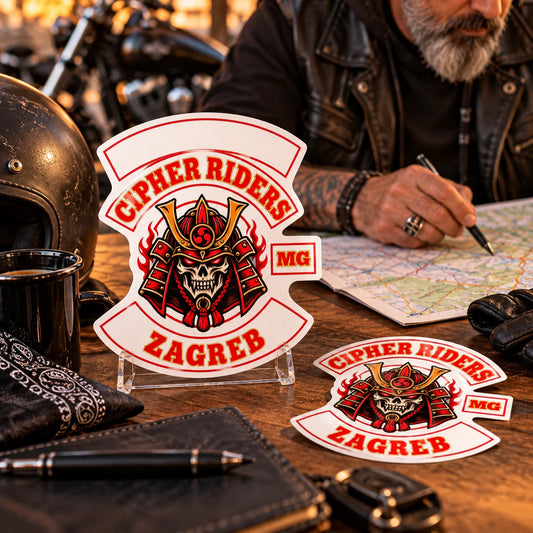 Anniversary ride organizer reviewing a custom club event sticker proof with chapter and date detail areas.