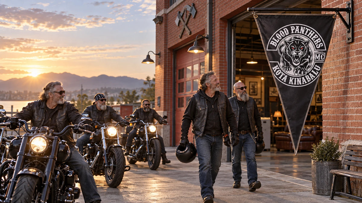 Mature motorcycle club riders display a custom triangle flag beside American V-twin motorcycles outside their clubhouse.