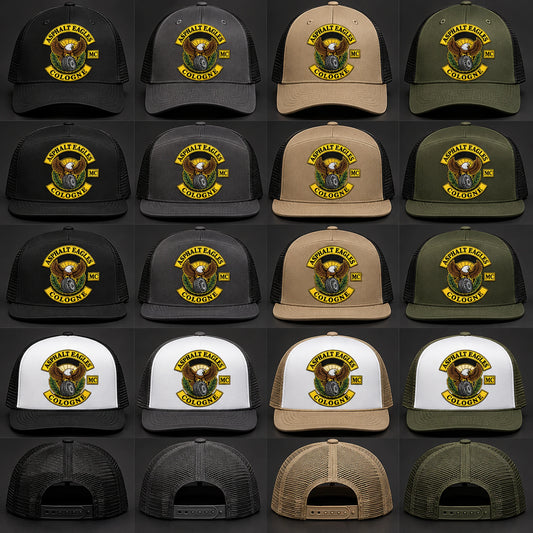 Trucker hat samples for choosing motorcycle club styles, colors and materials.