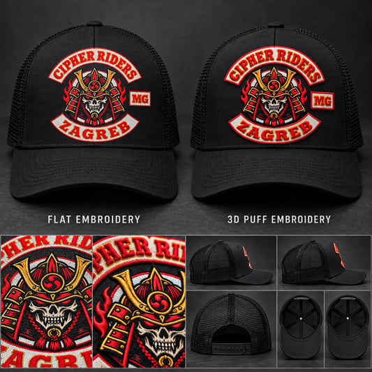 Motorcycle club trucker hats comparing flat and raised embroidery finishes.