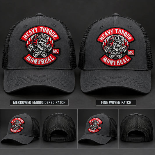 Motorcycle club trucker hats comparing embroidered and woven logo patches.