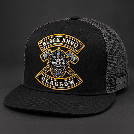 High-profile black motorcycle club trucker hat with flat brim and approved embroidery.