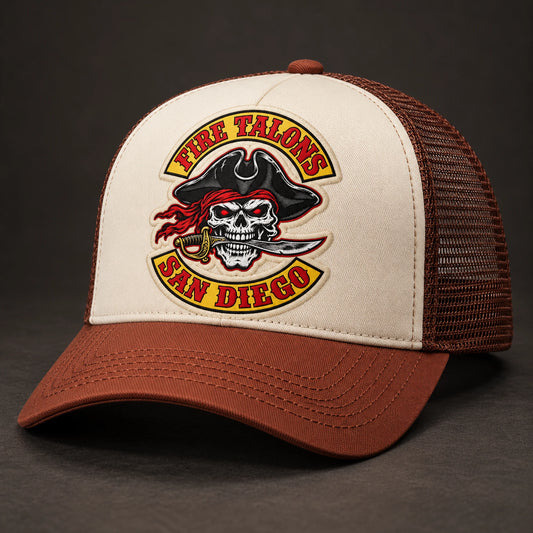 Vintage cream and brown foam-front motorcycle club trucker hat with mesh back.