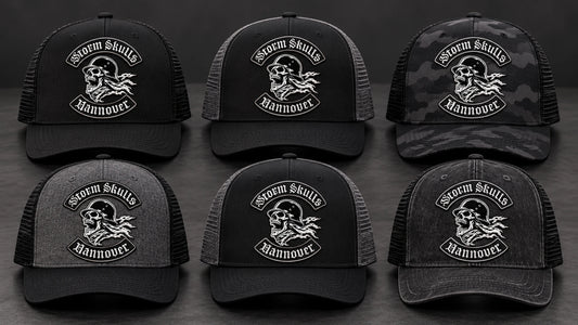 Matching motorcycle club trucker hats prepared for coordinated chapter orders.