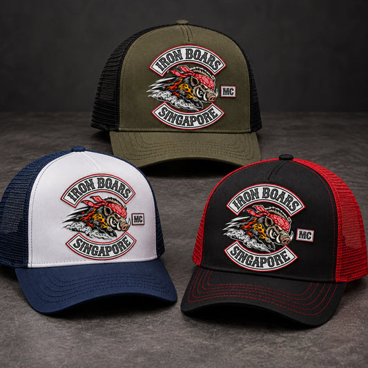 Olive, navy and black motorcycle club trucker hats with contrasting mesh panels.