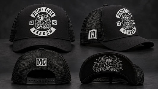 Complete motorcycle club trucker hat showing approved front, side, rear and under-visor details.