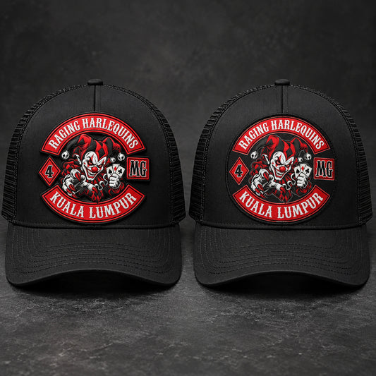 Black motorcycle club trucker hats comparing PVC and printed logo finishes.