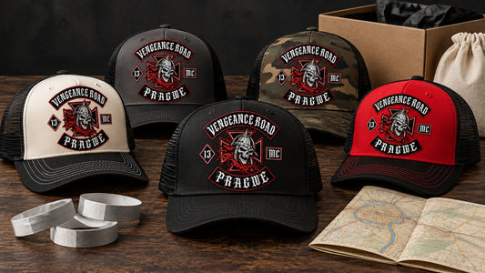 Custom motorcycle club trucker hats prepared for rallies, charity rides and anniversaries.