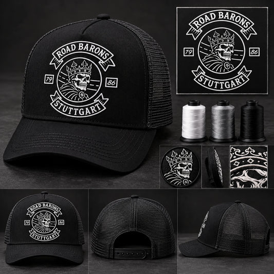 Motorcycle club trucker hat with approved design proof and decoration samples.