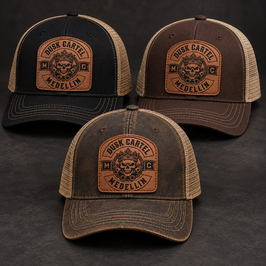 Tan, brown and khaki motorcycle club trucker hats with approved leather patches.