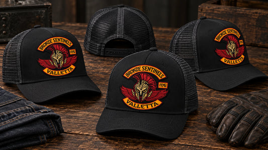 Matching motorcycle club trucker hats arranged as coordinated club merchandise.